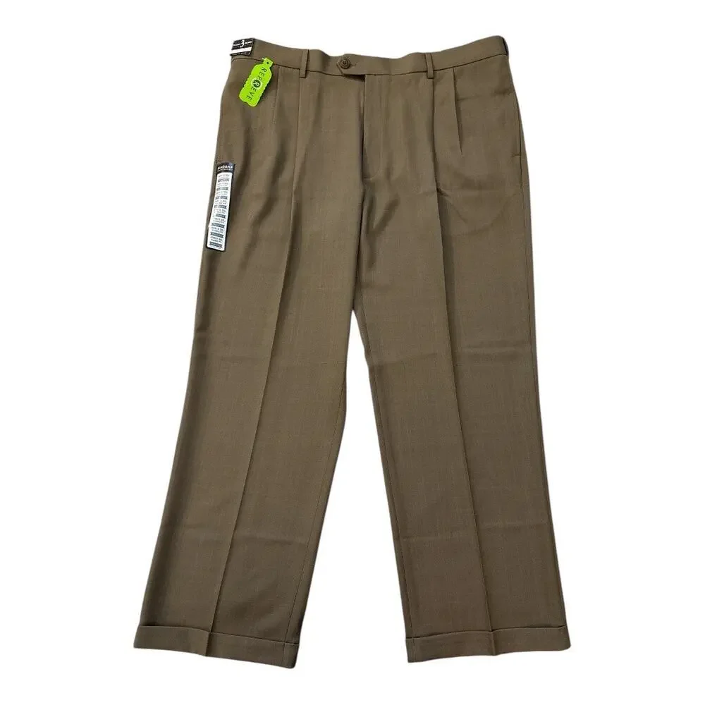 Haggar Men's E-CLO Repreve Stria Pleat Front Dress Pant Khaki Size 40W x 30L 70